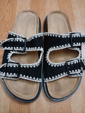 Black Double Strap Primark Sandals with White Stitching, Size 8.